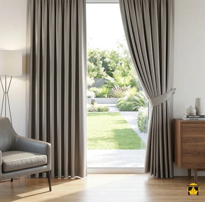 Açık gri Zuma parlak saten kumaşın yüzeyinde gün ışığının yarattığı gümüşümsü yansımalar ve odada oluşan modern, ferah ve aydınlık atmosfer.