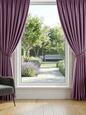 Gül moru Zuma parlak saten kumaşın pürüzsüz yüzeyinde dans eden gün ışığının, kristalize mor yansımalarla odada yarattığı mistik ve lüks atmosfer