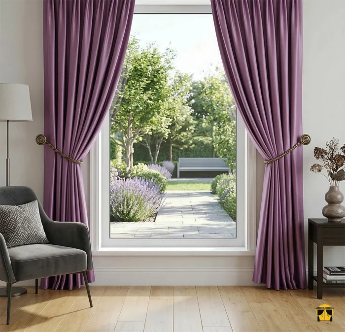 Gül moru Zuma parlak saten kumaşın pürüzsüz yüzeyinde dans eden gün ışığının, kristalize mor yansımalarla odada yarattığı mistik ve lüks atmosfer