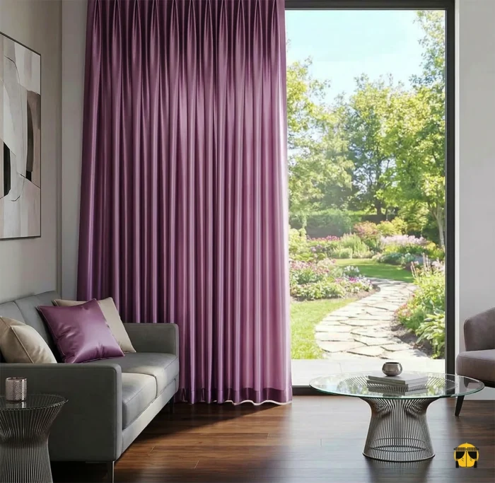 Gümüş aksesuarlar ve gri mobilyalarla dekore edilmiş modern bir salonda, pencerelere asalet ve derinlik katan parlak gül moru saten fon perde tasarımı.