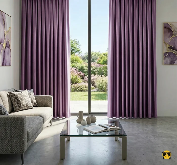 Ekru keten tüller üzerinde bir mücevher gibi parlayan, pile formunu asaletle koruyan ve mekana modern bir dramatiklik katan dökümlü gül moru saten perde sergisi."