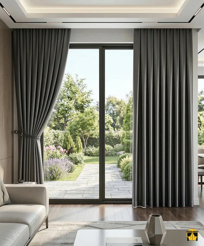 Kahverengi Zuma parlak saten kumaşın pürüzsüz yüzeyinde süzülen güneş ışığının, odada yarattığı sıcak, bronz ve ipeksi yansımalar