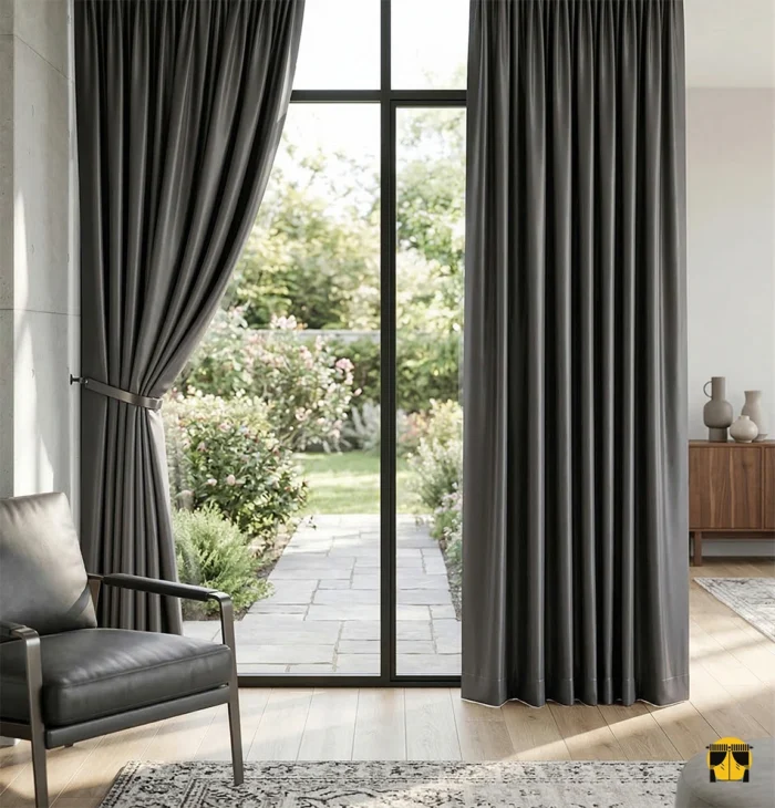 Gold aksesuarlar ve krem rengi mobilyalarla dekore edilmiş lüks bir salonda, pencerelere asalet ve derinlik katan parlak kahve saten fon perde tasarımı