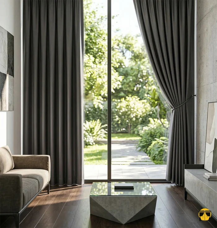 Ekru tüller üzerinde bir mücevher gibi parlayan, pile formunu bir heykel zarafetinde koruyan ve mekana modern bir imza atan dökümlü kahve saten perde sergisi