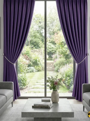 Koyu mor Zuma parlak saten kumaşın pürüzsüz yüzeyinde süzülen ışığın, derin mürdüm yansımalarla odada yarattığı mistik ve görkemli atmosfe