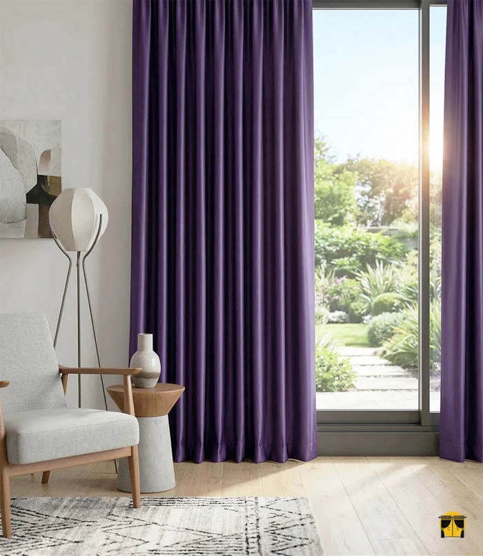 Gümüş aksesuarlar ve açık gri mobilyalarla dekore edilmiş lüks bir salonda, pencerelere asalet ve dramatik bir derinlik katan koyu mor saten fon perde.