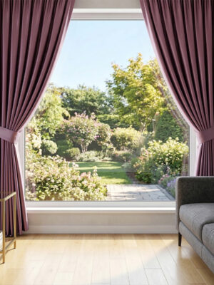 Mor Zuma parlak saten kumaşın pürüzsüz yüzeyinde gün ışığının yarattığı ipeksi yansımalar ve morun tonlarını ön plana çıkaran kristalize parlaklık.