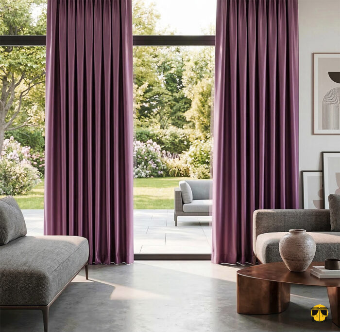 Gümüş aksesuarlar ve gri mobilyalarla dekore edilmiş modern bir salonda, pencerelere yaratıcı bir derinlik ve lüks bir ışıltı katan parlak mor saten fon perde