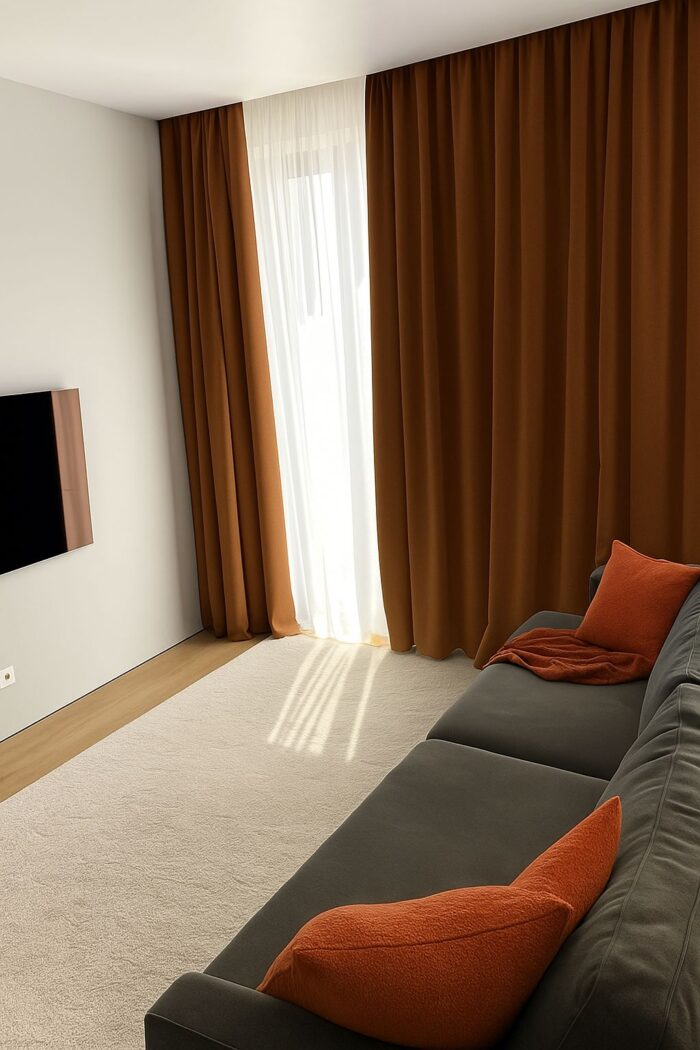 Bohem tarzı ev dekorasyonunu tamamlayan, doğal dokulu ve dökümlü kiremit rengi fon perde tasarımı.