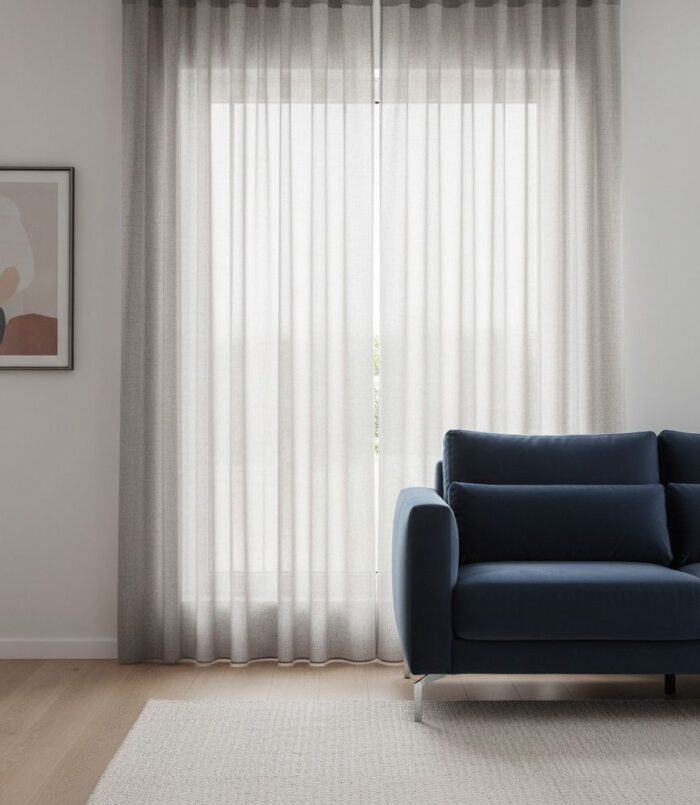 Tavandan yere kadar muntazam pileli duruşuyla sönmeyen, formu bozulmayan kahverengi zırh tül perde detayı.