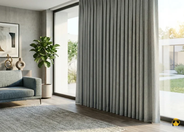 Doğal gün ışığında lifli keten dokusu belirginleşen, güneş ışığını tamamen bloke eden mat açık gri keten blackout fon perde detayı