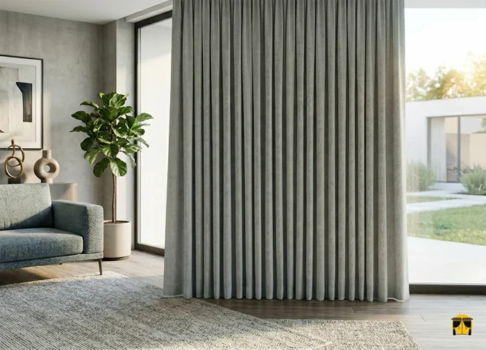 skandinav tarzı bir yatak odasında, ahşap mobilyalarla uyumlu, pencerelere hem ısı yalıtımı hem de ferahlık katan açık gri karartma perde