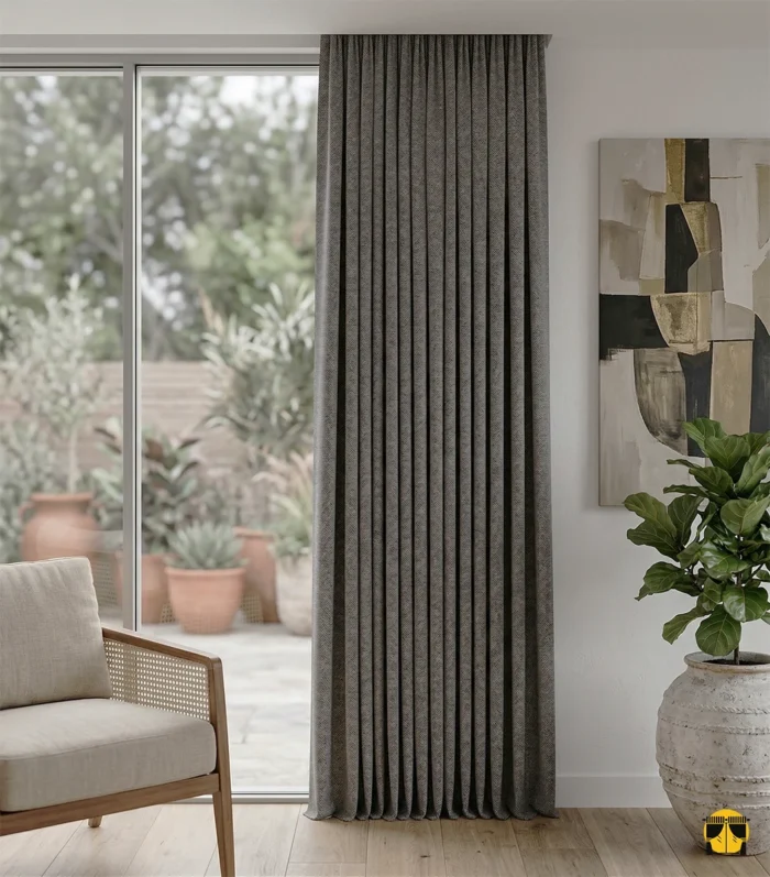 "Findello kahverengi fon perdenin ağır dökümü ve mat yüzeyinin, salon dekorasyonuna kattığı asil, sıcak ve huzurlu atmosfer."