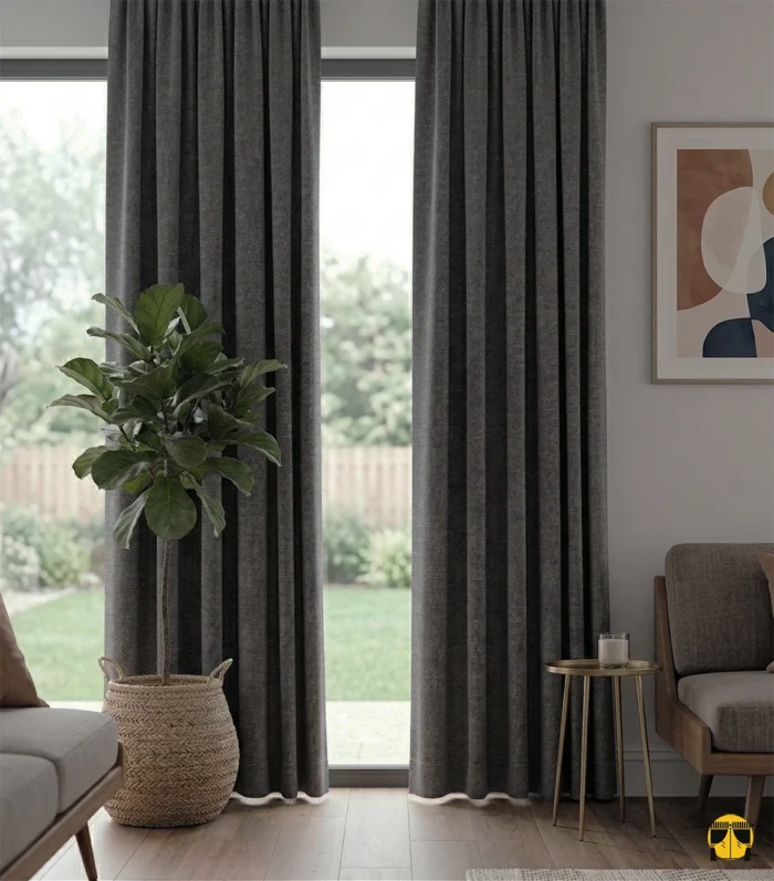 "Sık dokuma teknolojisiyle üretilmiş derin kahve tonundaki tok fon perde kumaşını ve muntazam dikey pilelerini sergileyen yakın plan çekimi."