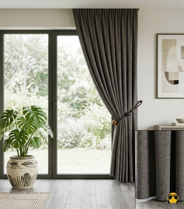 "Ekru tüller ve ahşap mobilyalarla dekore edilmiş modern bir salonda, pencereleri bir tablo gibi çerçeveleyen Findello kahverengi fon perde tasarımı."