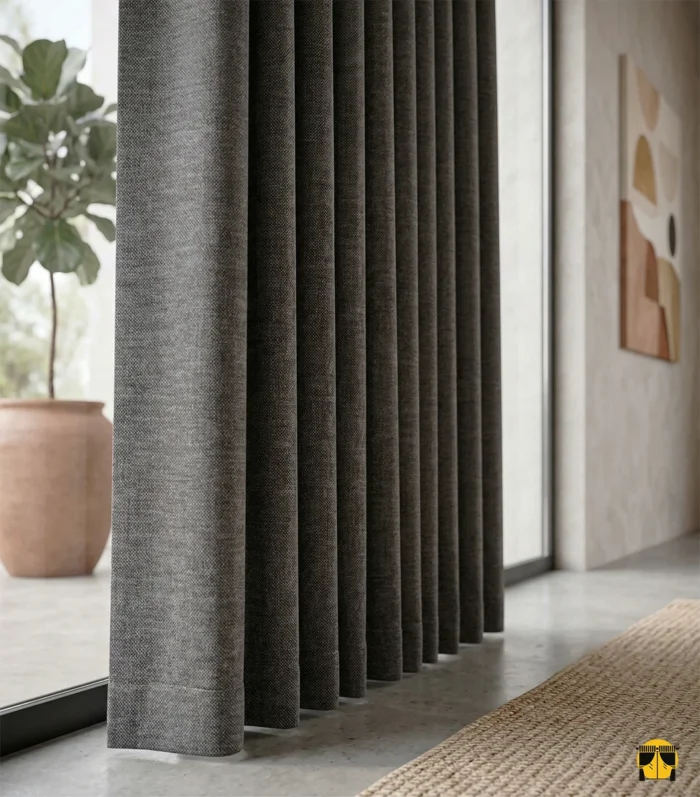 "Deri bağlama aparatlarıyla modernize edilmiş, ağır dökümü sayesinde mimari bir estetik sunan dökümlü kahverengi fon perde uygulaması."