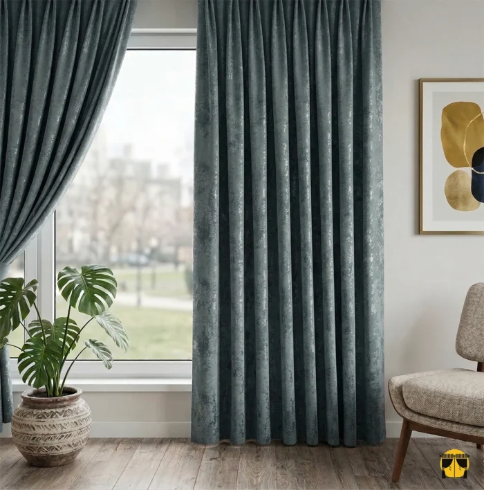 "Kabartma desenli mavi fon perdenin üç boyutlu dokusu ve puslu mavi tonunun, modern salon dekorasyonuna kattığı sanatsal ve huzurlu atmosfer."