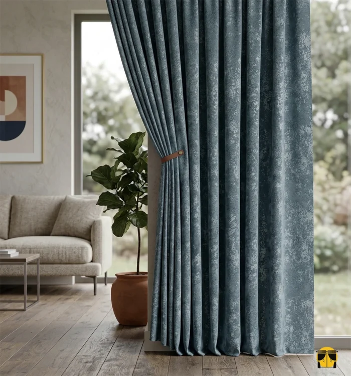 "Kabartma (embossed) dokuma teknolojisiyle üretilmiş mavi tonundaki dökümlü fon perde kumaşını ve deri bağlama aparatıyla şık duruşunu sergileyen yakın plan."