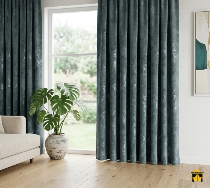 "Krem rengi mobilyalar ve ahşap zeminle dekore edilmiş modern bir salonda, pencereleri bir tablo gibi çerçeveleyen kabartma desenli mavi fon perde tasarımı."