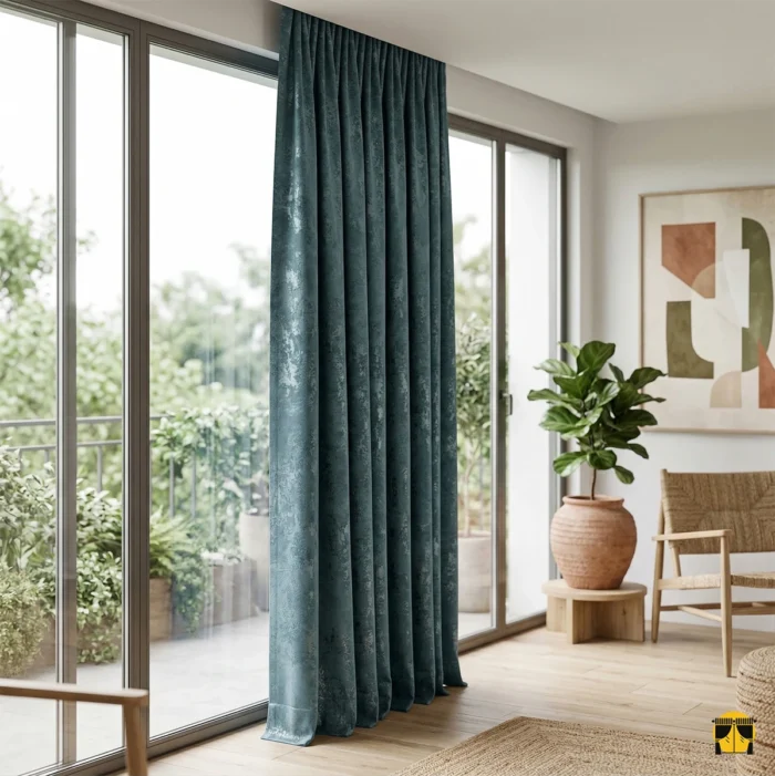 "Deri detaylı perde bağı ile modernize edilmiş, ağır dökümü sayesinde mimari bir estetik sunan puslu mavi kabartmalı fon perde uygulaması."