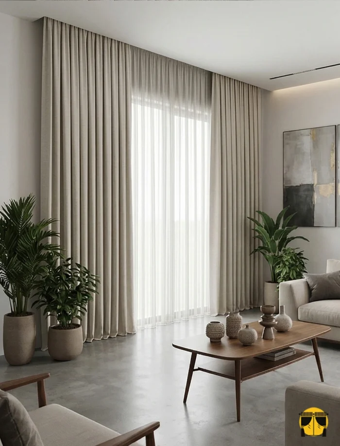 Duruş ve Estetik: "Ağır dökümü sayesinde rüzgarda formunu bozmayan, ütü gerektirmeyen ve modern bir zarafet sunan kaliteli Line koyu krem fon perde detayı."