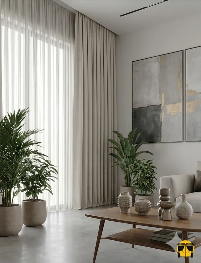 Kontrast ve Stil: "Beyaz tül perdeler önünde yumuşak bir denge oluşturan, dökümlü yapısı sayesinde birer mimari sütun gibi muntazam inen dökümlü keten perde sergisi."