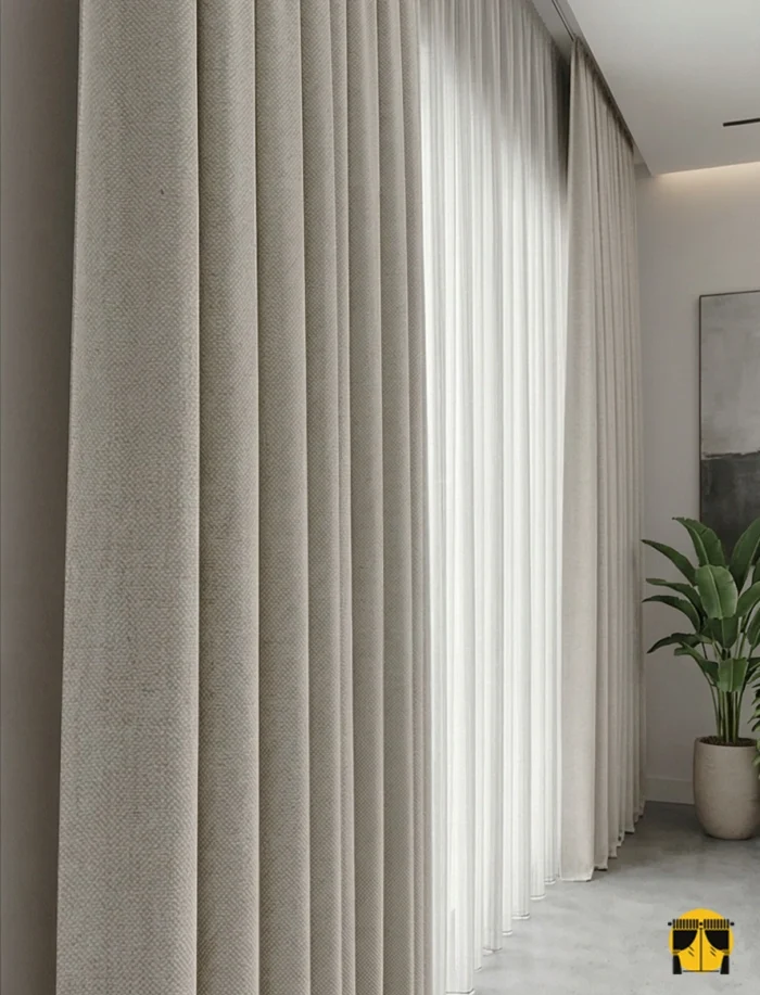 Mekan Tasarımı: "Ahşap mobilyalar ve hasır detaylarla dekore edilmiş modern bir salonda, pencerelere doğal bir derinlik katan koyu krem keten fon perde tasarımı."