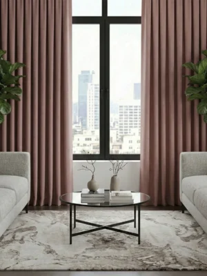 Modern bir oturma odasında, gri ve vizon mobilyalarla sıcak bir uyum yakalayan, pencerelere yumuşak bir ışık ve asalet katan koyu somon fon perde sergisi