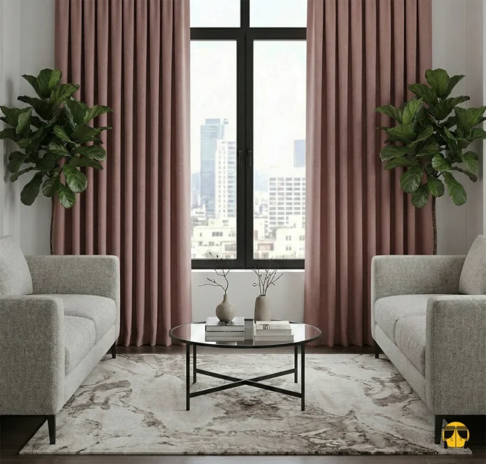 Modern bir oturma odasında, gri ve vizon mobilyalarla sıcak bir uyum yakalayan, pencerelere yumuşak bir ışık ve asalet katan koyu somon fon perde sergisi