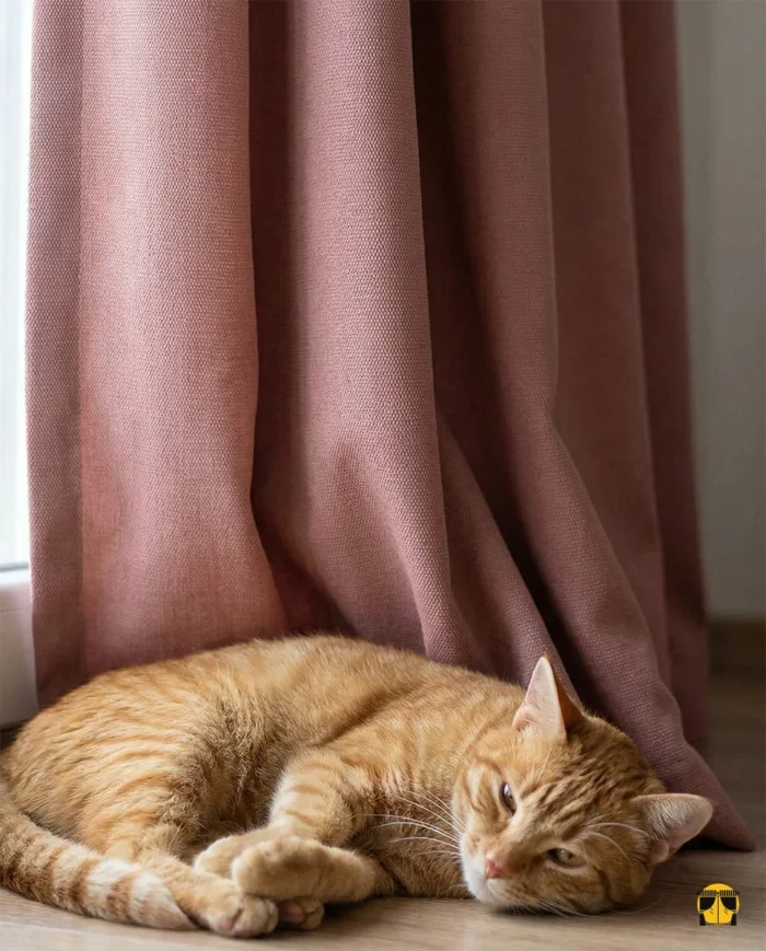 şığın her açısında şeftali ve kiremit tonları arasında geçiş yapan, mikro parıltılı koyu somon Diamond katyonik fon perde kumaş detayı