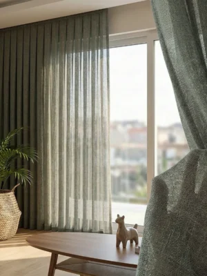 Koyu yeşil keten tül perde modelleri