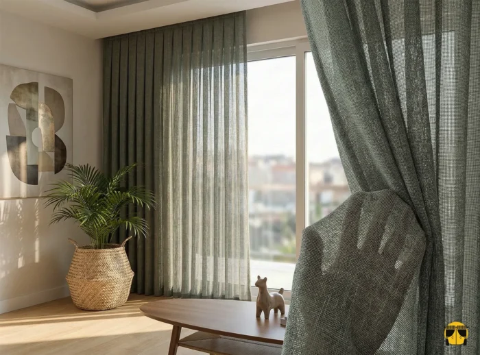 Koyu yeşil keten tül perde modelleri