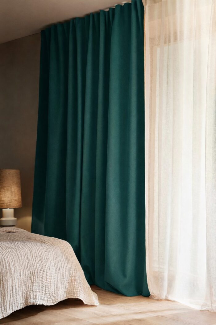 Zümrüt yeşili karartma perdenin kalın dokusu ve kaliteli kumaş detayı.