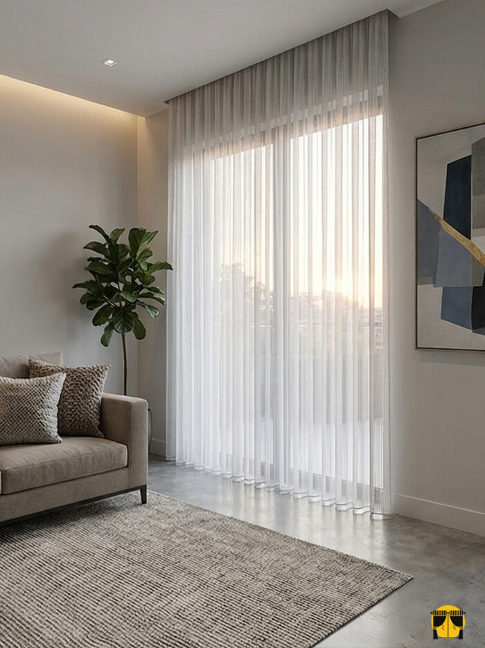 Işık ve Atmosfer: "Altın şeritli ekru tül perdenin simli dokusu arasından süzülen güneş ışığının, oda içerisinde yarattığı lüks, parıltılı ve huzurlu derinlik."