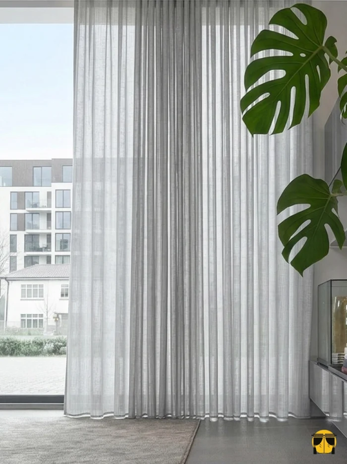 Doku Detayı: "Örme dokuma teknolojisiyle üretilmiş gri tonundaki kalın ve tok yüzeyi sergileyen yakın plan çekimi; pencereler için modern ve kaliteli tül perde karakteri."