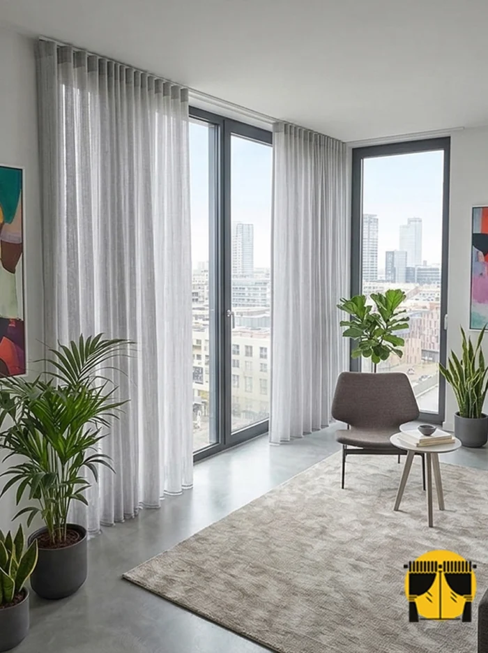 Mekan Tasarımı: "Antrasit mobilyalar ve metal detaylarla dekore edilmiş modern bir salonda, pencerelere mimari bir derinlik katan Colle gri kalın tül perde tasarımı."