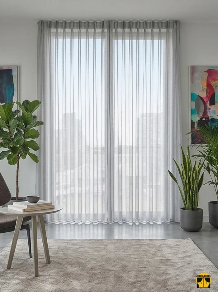 Kontrast ve Stil: "Siyah fon perdelerle kombinlenmiş, ağır dökümü sayesinde birer mimari sütun gibi muntazam inen dumanlı gri örme tül perde sergisi."