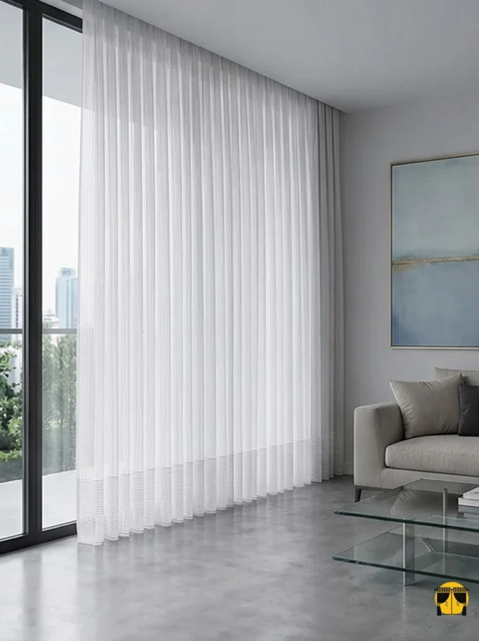 Mekan Tasarımı: "Gold veya gümüş aksesuarlarla dekore edilmiş modern bir salonda, pencerelere ışıltılı bir çerçeve katan eteği şeritli parıltılı tül perde tasarımı."