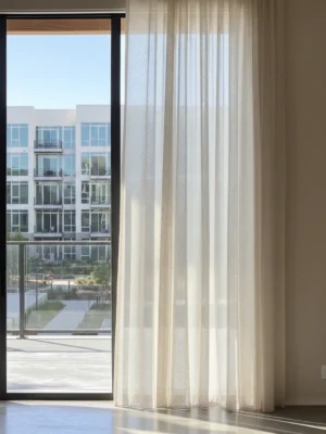 Rustik bir salonda hasır detaylı, koyu krem keten perdenin doğal duruşu.