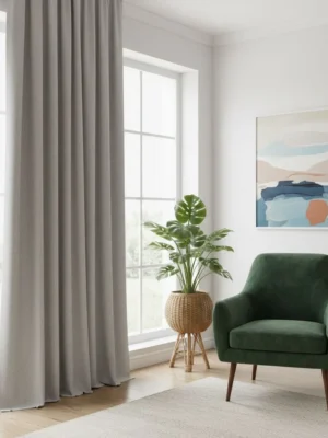 Salon dekorasyonunda gri fon perde ve gün ışığı uyumu