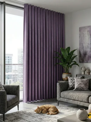 Gümüş detaylı mobilyalarla eşleşen, pencerelere karizmatik bir çerçeve ve tam mahremiyet kazandıran ağır yapılı patlıcan moru karartma perde detayı