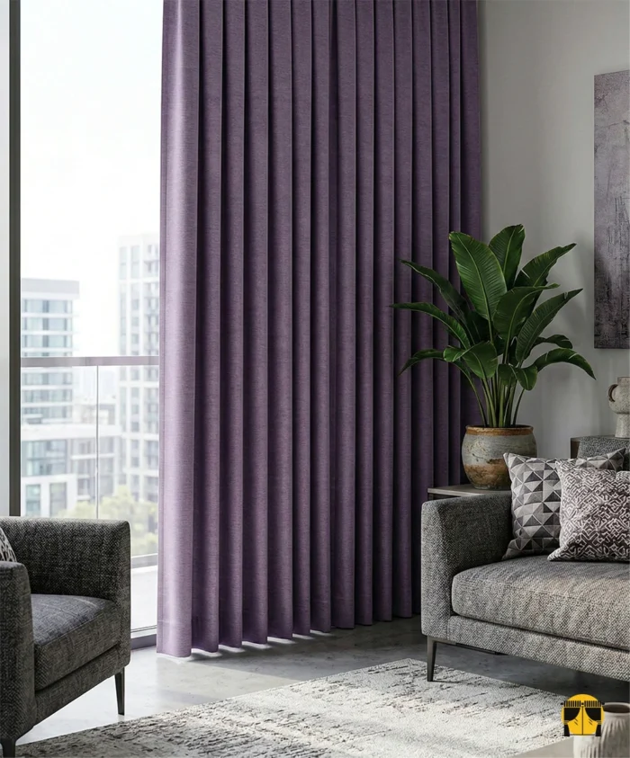 Modern bir yatak odasında, gün ışığını tamamen bloke eden ve mistik bir derinlik yaratan tok dökümlü patlıcan moru blackout fon perde