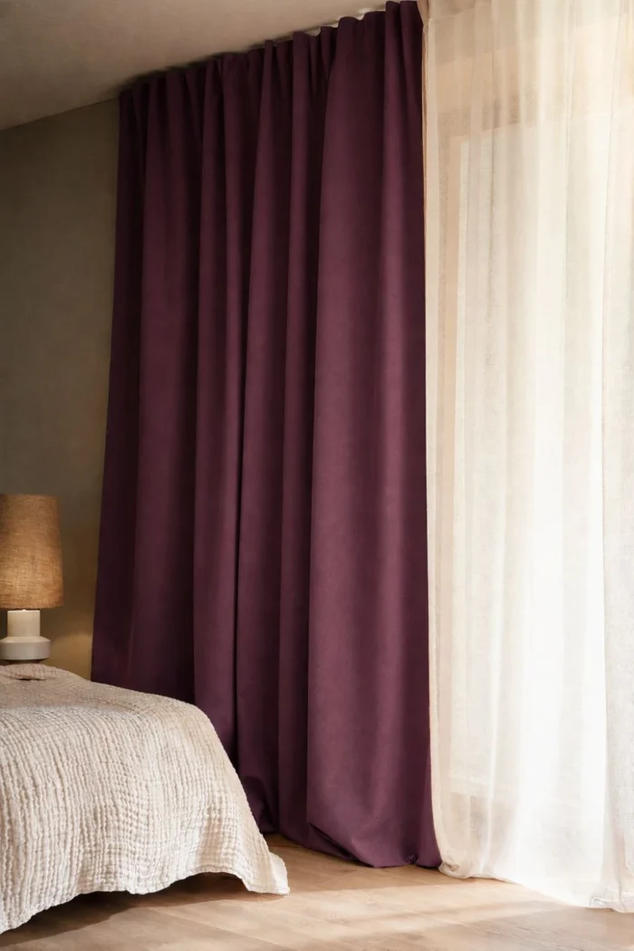 Mürdüm moru karartma blackout fon perde yatak odası şıklığı