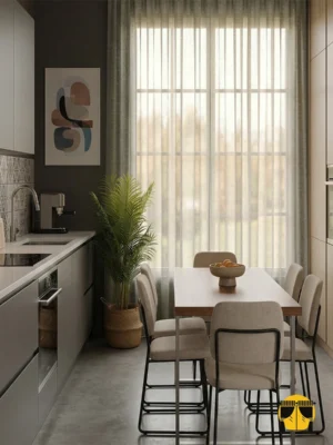 Kurşun rengi düz mutfak tül perdesinin pürüzsüz dokusu arasından süzülen ışığın, mutfakta yarattığı modern, puslu ve karizmatik aydınlık