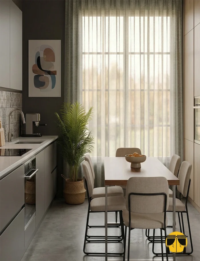 Kurşun rengi düz mutfak tül perdesinin pürüzsüz dokusu arasından süzülen ışığın, mutfakta yarattığı modern, puslu ve karizmatik aydınlık