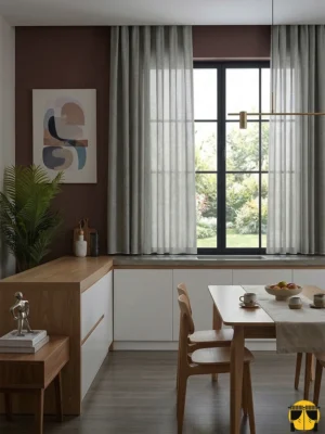 Desensiz ve mat yüzeyiyle dikkat çeken kurşun rengi tülün yakın plan çekimi; mutfaklar için leke gizleyen ve ütü istemeyen yüksek kumaş kalitesi