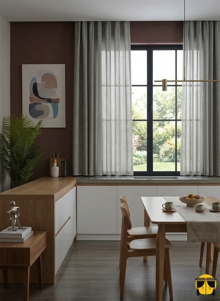 Desensiz ve mat yüzeyiyle dikkat çeken kurşun rengi tülün yakın plan çekimi; mutfaklar için leke gizleyen ve ütü istemeyen yüksek kumaş kalitesi