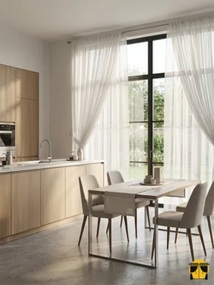 Çapraz Panama dokuma teknolojisinin sağladığı kalın ve tok lif yapısını sergileyen krem keten tül yakın plan çekimi; mutfaklar için dayanıklı ve doğal tekstür