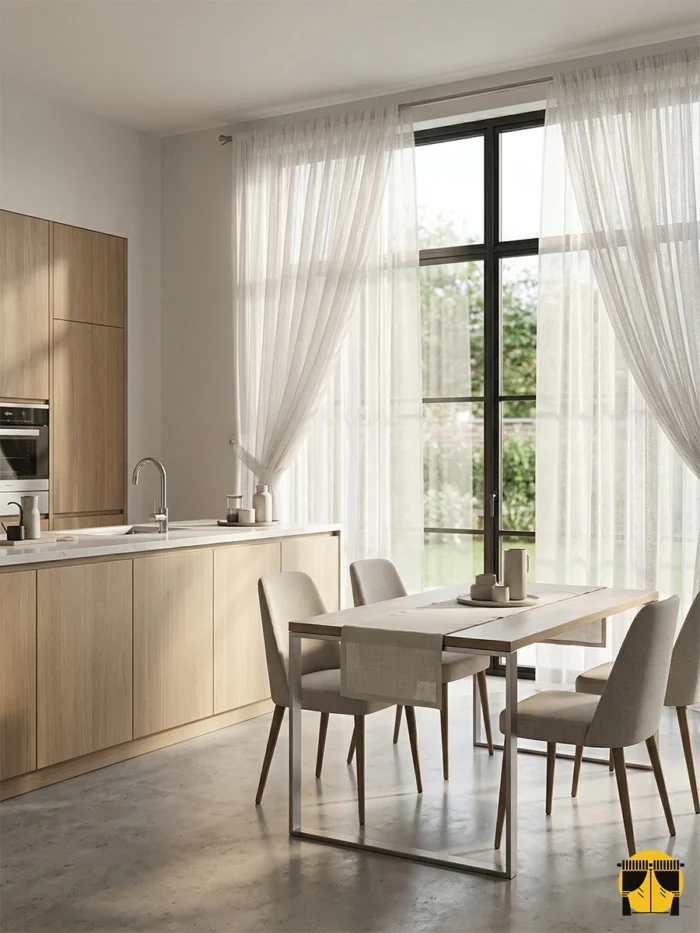 Çapraz Panama dokuma teknolojisinin sağladığı kalın ve tok lif yapısını sergileyen krem keten tül yakın plan çekimi; mutfaklar için dayanıklı ve doğal tekstür