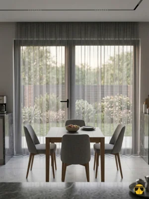 Doğal lif efektli gri keten kumaşın mat yüzeyini ve kaliteli dökümünü sergileyen yakın plan çekimi; mutfaklar için ütü istemeyen rüstik tekstür.